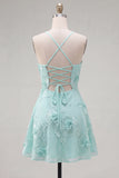 Blue A-Line Spaghetti Straps Floral Short Homecoming Dress