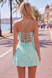 Blue A-Line Spaghetti Straps Floral Short Homecoming Dress
