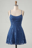 Blue A-Line Spaghetti Straps Floral Short Homecoming Dress
