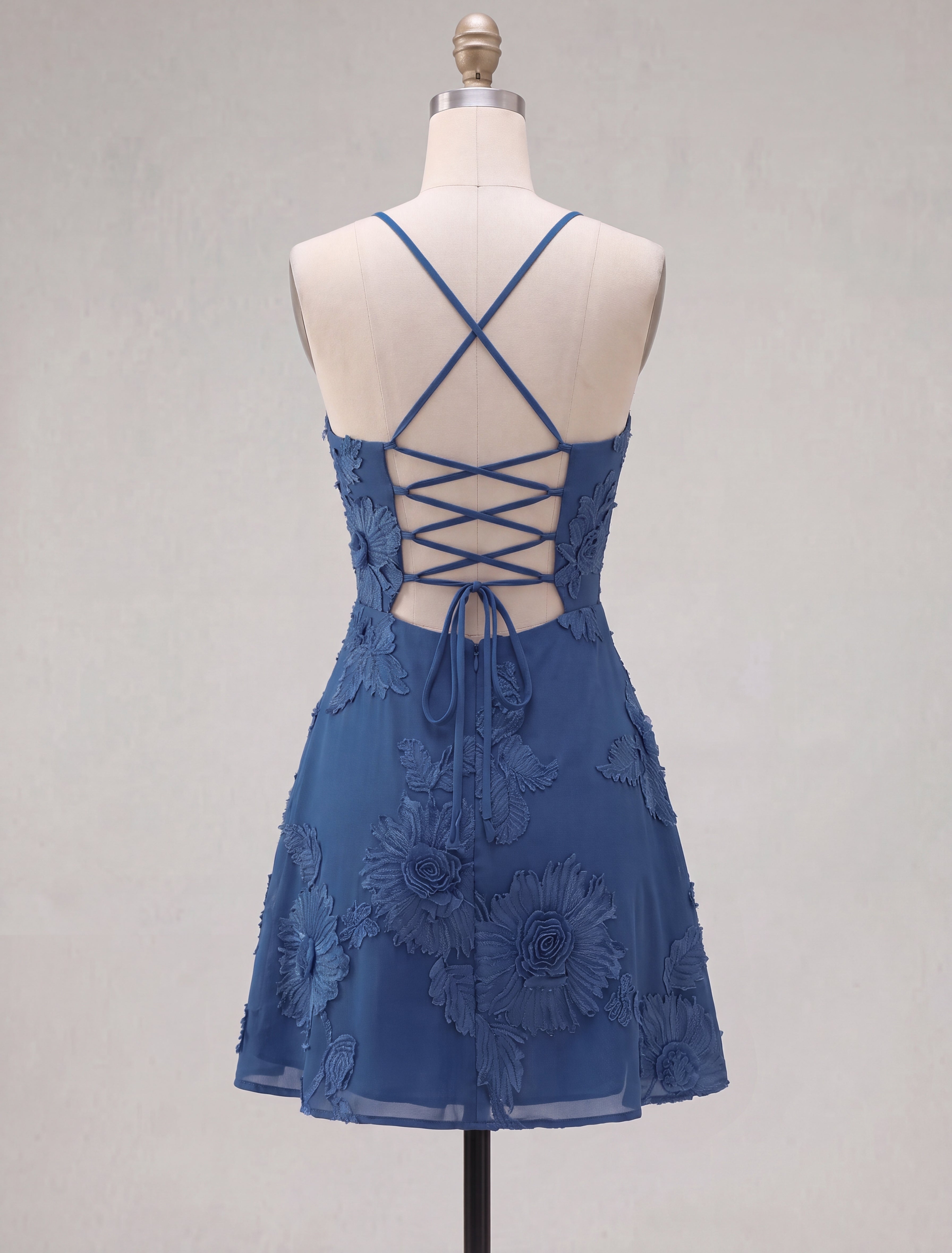 Blue A-Line Spaghetti Straps Floral Short Homecoming Dress