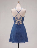 Blue A-Line Spaghetti Straps Floral Short Homecoming Dress