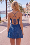 Blue A-Line Spaghetti Straps Floral Short Homecoming Dress