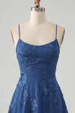 Blue A-Line Spaghetti Straps Floral Short Homecoming Dress