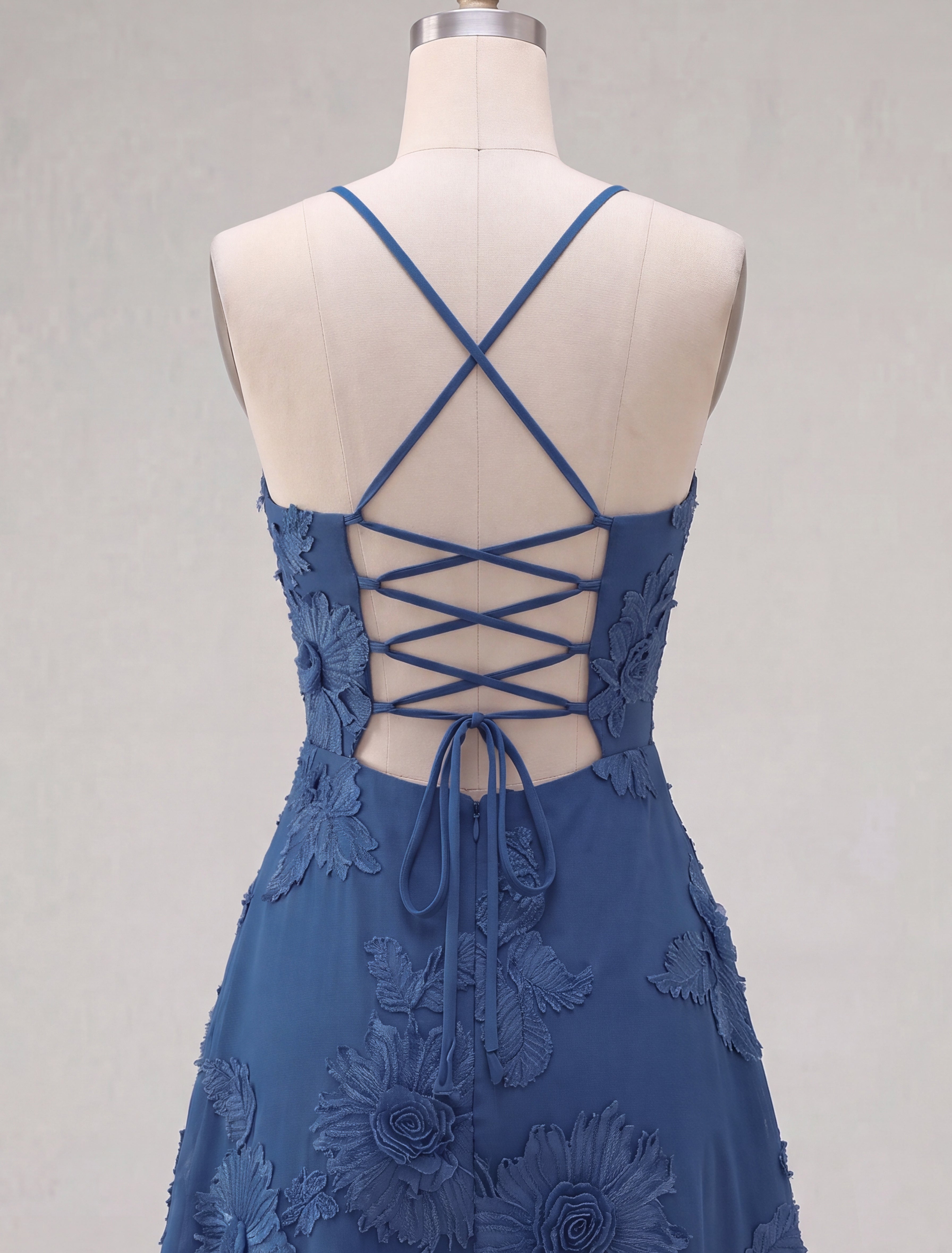Blue A-Line Spaghetti Straps Floral Short Homecoming Dress