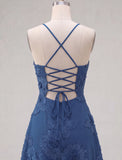 Blue A-Line Spaghetti Straps Floral Short Homecoming Dress