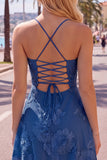Blue A-Line Spaghetti Straps Floral Short Homecoming Dress
