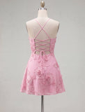 Blue A-Line Spaghetti Straps Floral Short Homecoming Dress