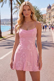 Blue A-Line Spaghetti Straps Floral Short Homecoming Dress