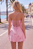 Blue A-Line Spaghetti Straps Floral Short Homecoming Dress
