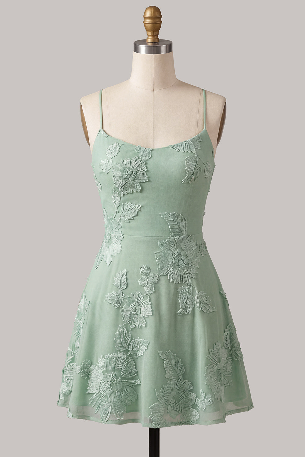 Blue A-Line Spaghetti Straps Floral Short Homecoming Dress