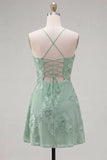 Blue A-Line Spaghetti Straps Floral Short Homecoming Dress