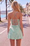 Blue A-Line Spaghetti Straps Floral Short Homecoming Dress