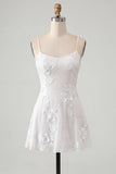 Blue A-Line Spaghetti Straps Floral Short Homecoming Dress
