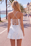 Blue A-Line Spaghetti Straps Floral Short Homecoming Dress