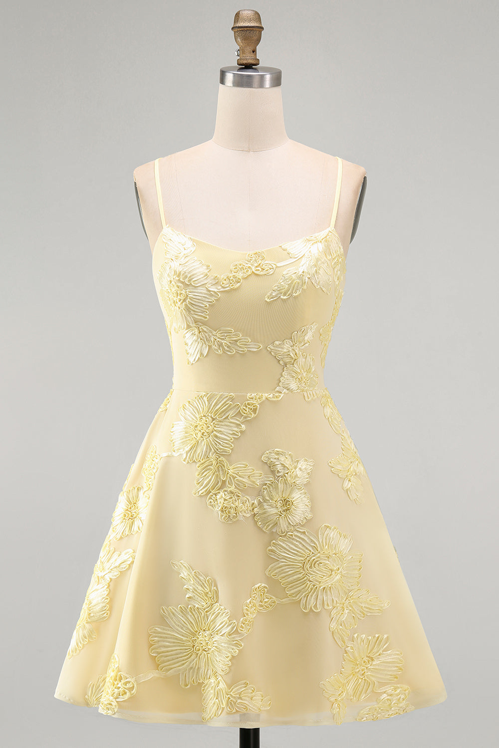 Blue A-Line Spaghetti Straps Floral Short Homecoming Dress