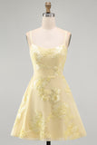 Blue A-Line Spaghetti Straps Floral Short Homecoming Dress