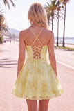 Blue A-Line Spaghetti Straps Floral Short Homecoming Dress