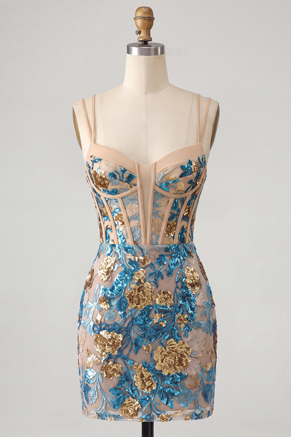 Sparkly Blue Floral Sequin Tight Short Corset Homecoming Dress