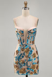 Sparkly Blue Floral Sequin Tight Short Corset Homecoming Dress