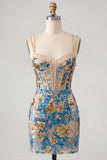 Sparkly Blue Floral Sequin Tight Short Corset Homecoming Dress