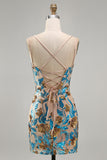 Sparkly Blue Floral Sequin Tight Short Corset Homecoming Dress