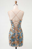 Sparkly Blue Floral Sequin Tight Short Corset Homecoming Dress