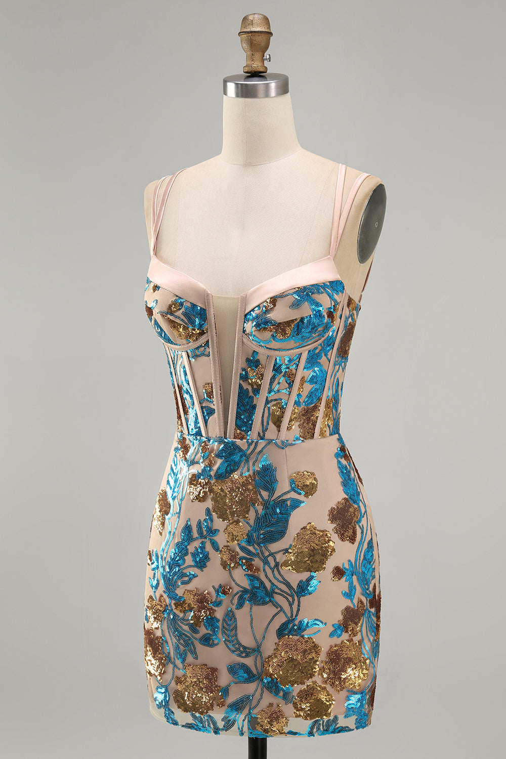 Sparkly Blue Floral Sequin Tight Short Corset Homecoming Dress