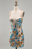 Sparkly Blue Floral Sequin Tight Short Corset Homecoming Dress
