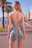 Sparkly Blue Floral Sequin Tight Short Corset Homecoming Dress