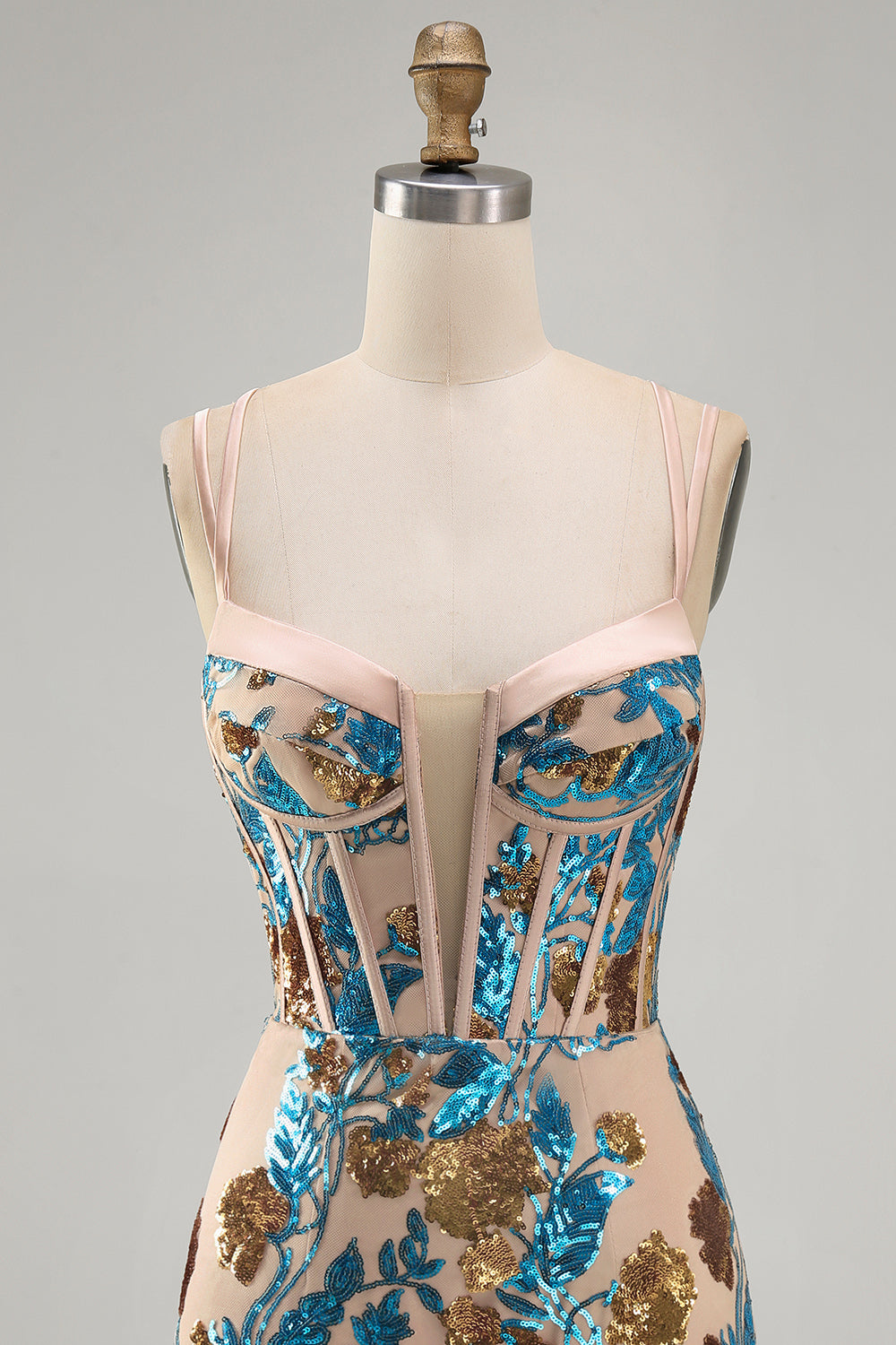 Sparkly Blue Floral Sequin Tight Short Corset Homecoming Dress