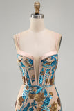 Sparkly Blue Floral Sequin Tight Short Corset Homecoming Dress