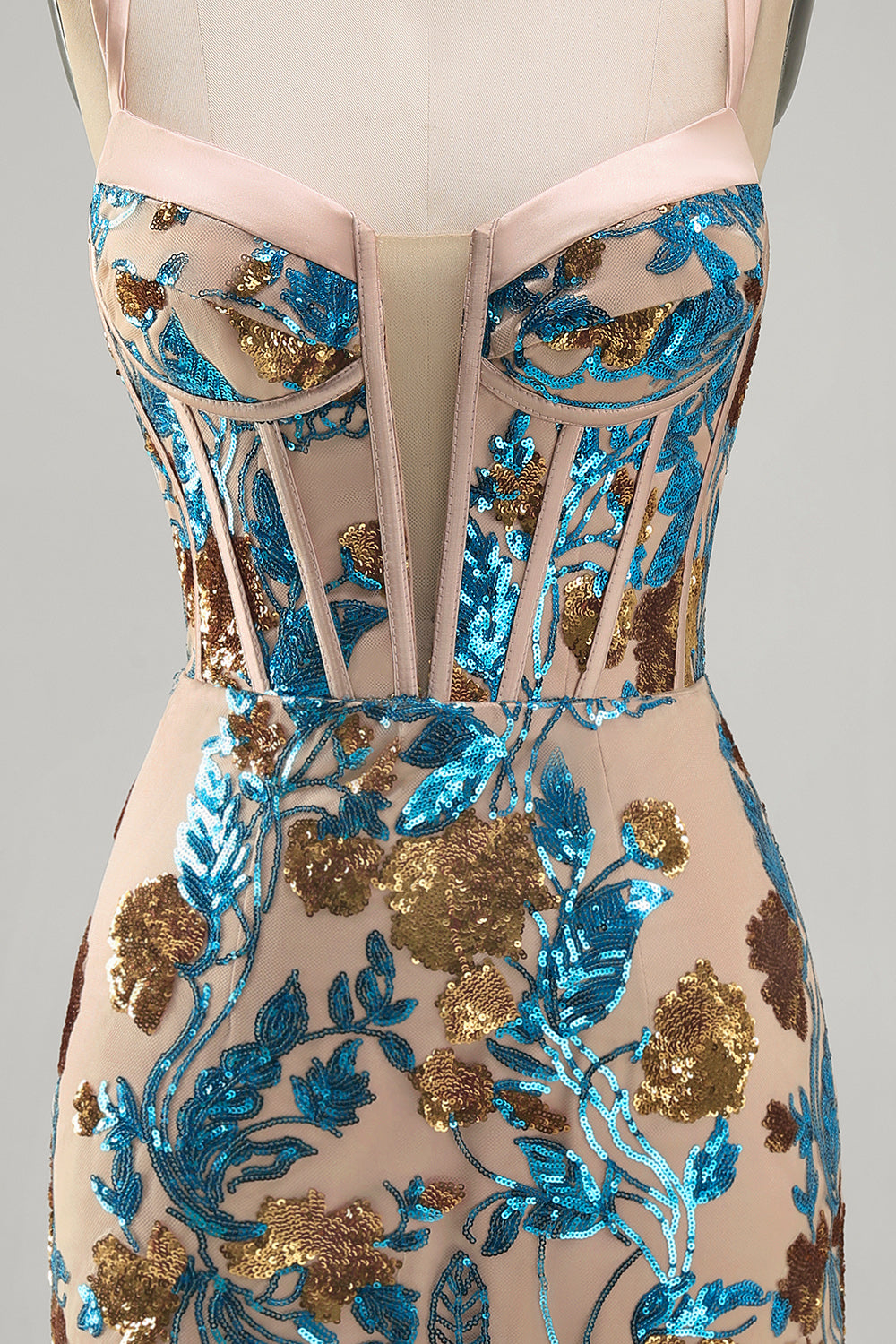 Sparkly Blue Floral Sequin Tight Short Corset Homecoming Dress