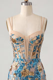 Sparkly Blue Floral Sequin Tight Short Corset Homecoming Dress