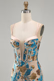 Sparkly Blue Floral Sequin Tight Short Corset Homecoming Dress