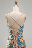 Sparkly Blue Floral Sequin Tight Short Corset Homecoming Dress