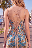 Sparkly Blue Floral Sequin Tight Short Corset Homecoming Dress