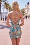 Sparkly Blue Floral Sequin Tight Short Corset Homecoming Dress