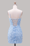 Pink Yellow Tight Spaghetti Straps Floral Short Homecoming Dress with Beading