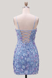 Pink Yellow Tight Spaghetti Straps Floral Short Homecoming Dress with Beading