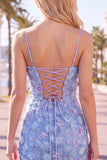 Pink Yellow Tight Spaghetti Straps Floral Short Homecoming Dress with Beading