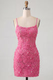 Pink Yellow Tight Spaghetti Straps Floral Short Homecoming Dress with Beading
