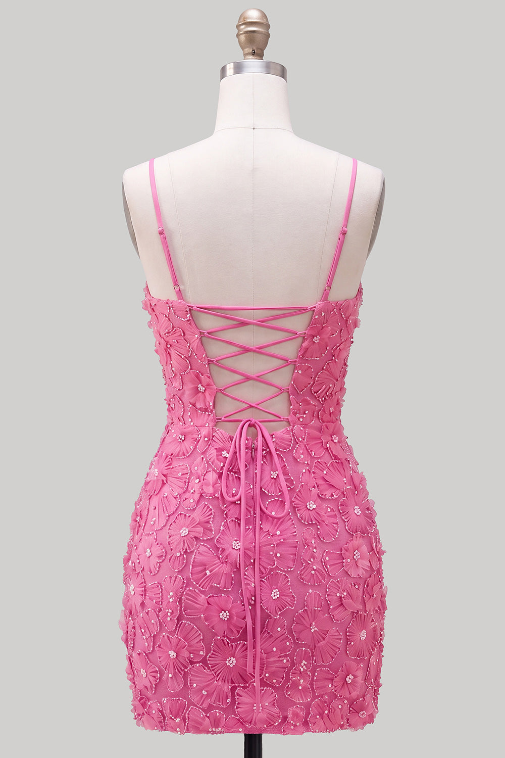 Pink Yellow Tight Spaghetti Straps Floral Short Homecoming Dress with Beading