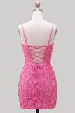 Pink Yellow Tight Spaghetti Straps Floral Short Homecoming Dress with Beading