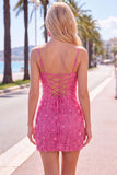 Pink Yellow Tight Spaghetti Straps Floral Short Homecoming Dress with Beading