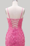 Pink Yellow Tight Spaghetti Straps Floral Short Homecoming Dress with Beading