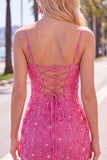 Pink Yellow Tight Spaghetti Straps Floral Short Homecoming Dress with Beading