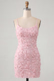 Pink Yellow Tight Spaghetti Straps Floral Short Homecoming Dress with Beading