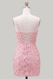 Pink Yellow Tight Spaghetti Straps Floral Short Homecoming Dress with Beading