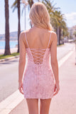 Pink Yellow Tight Spaghetti Straps Floral Short Homecoming Dress with Beading