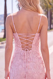 Pink Yellow Tight Spaghetti Straps Floral Short Homecoming Dress with Beading